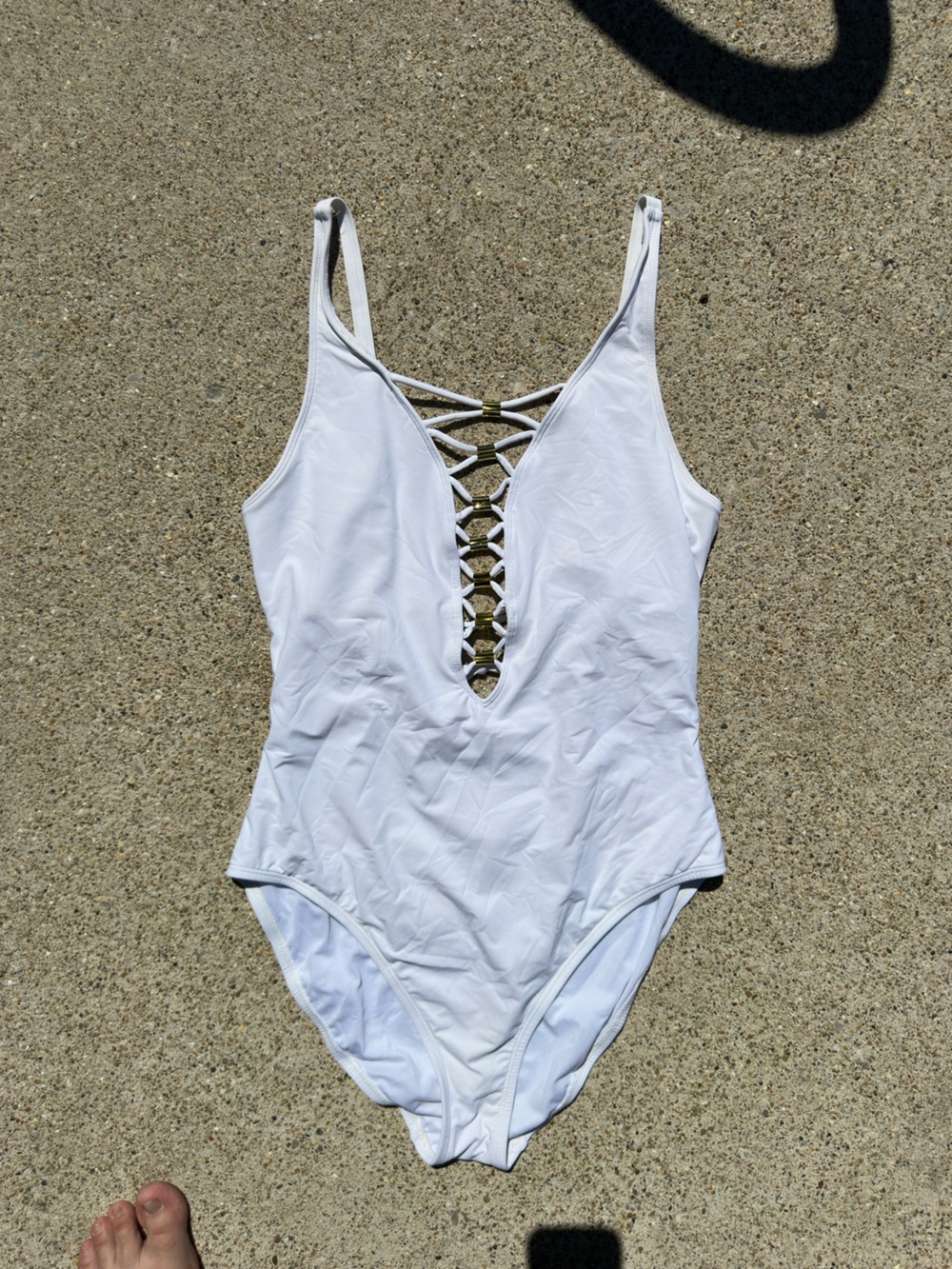 Bleu Rod Beattie White One-Piece Swimsuit with Gold Ladder Detail